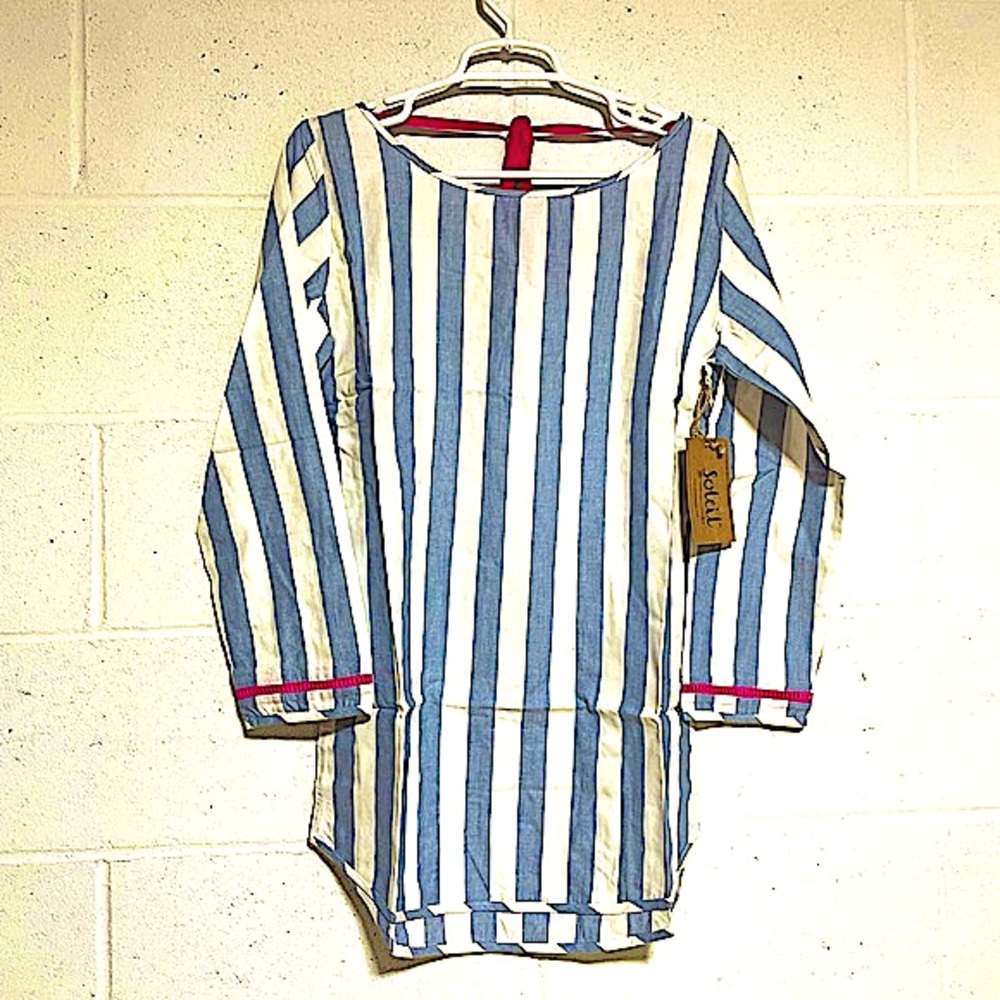 NWT SOLEIL blue white stripe 100% cotton top mini dress beach cover up oversized